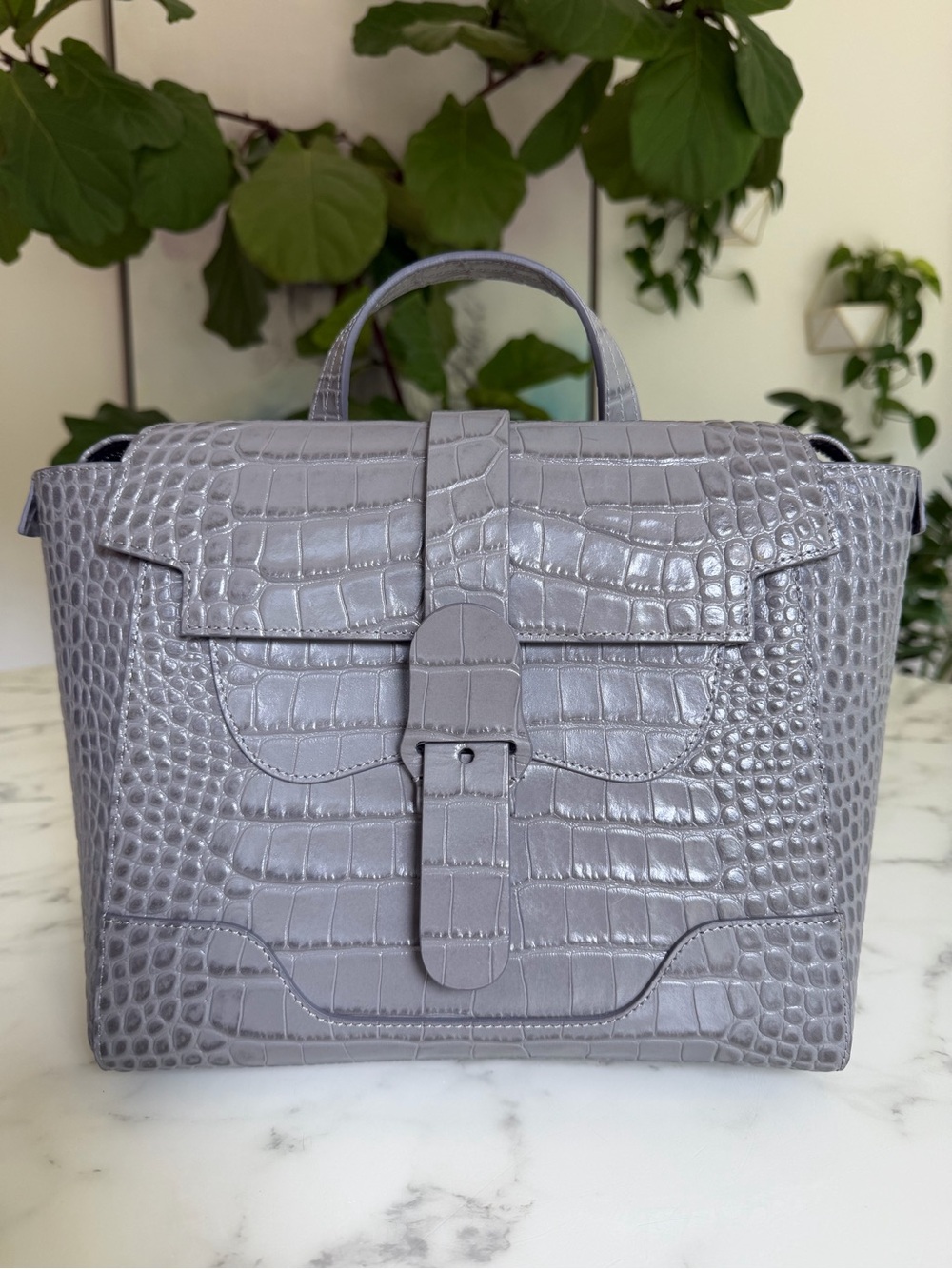 SENREVE MIDI MAESTRA Dragon Storm Grey Croc Leather Silver Convertible Bag Italy